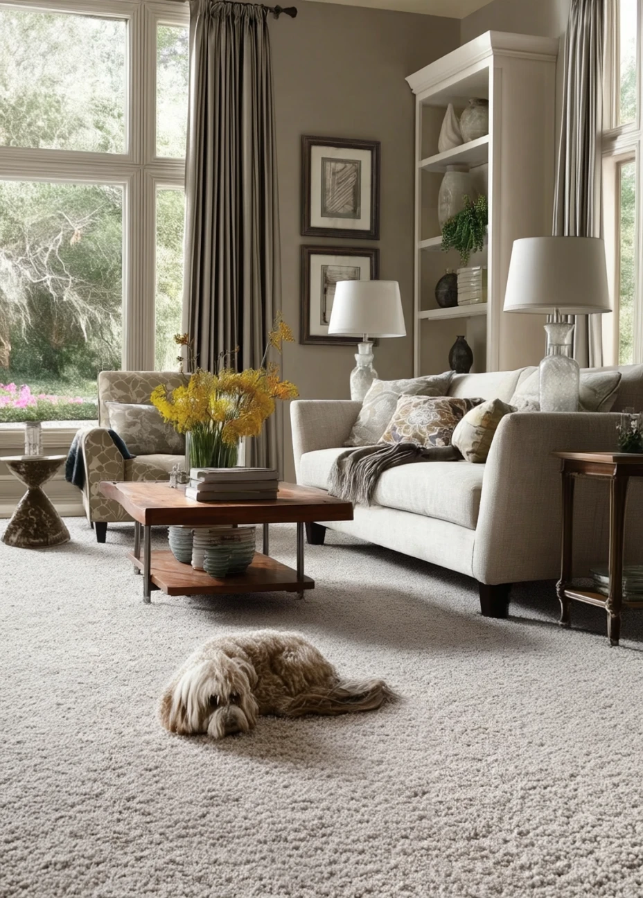 Living room with curtains, sofa, armchair and plush carpet, with a dog resting on the carpet